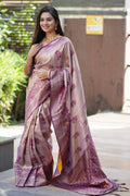 Antique Champagne Gold Luxury Silk Saree with Royal Wine Zari Border & Grand Banarasi Pallu