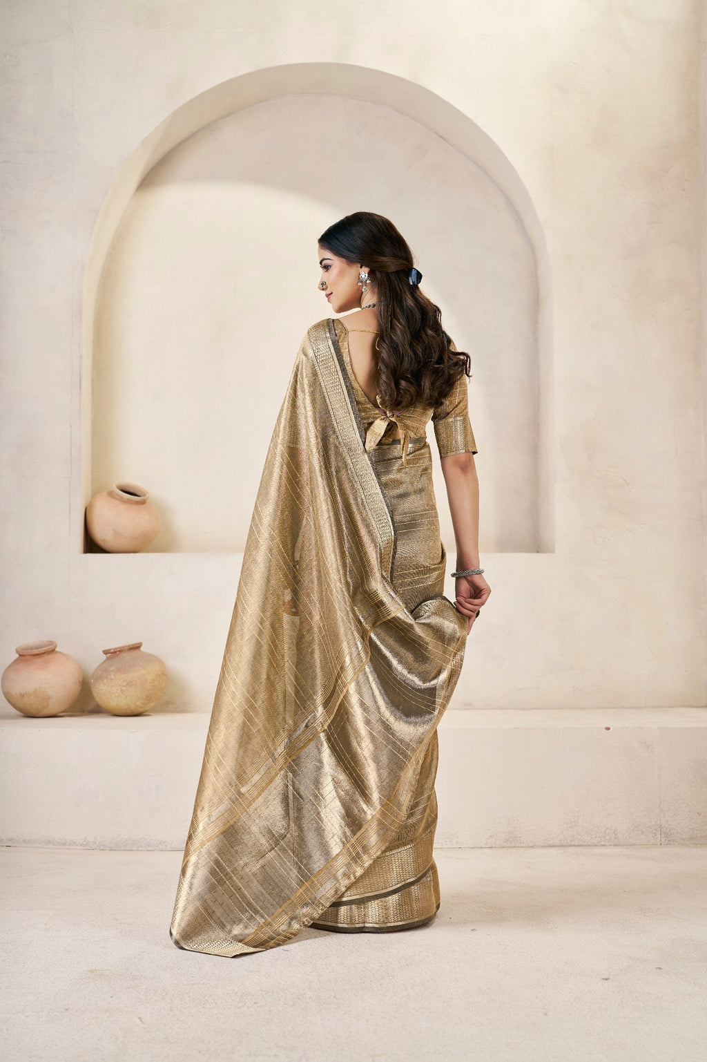 Antique Gold Banarasi Silk Saree with Metallic Zari Elegance